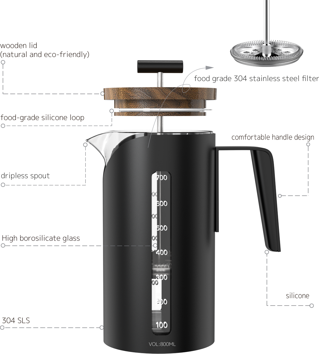 Bright Stainless Steel Glass French Press CPA800-08A